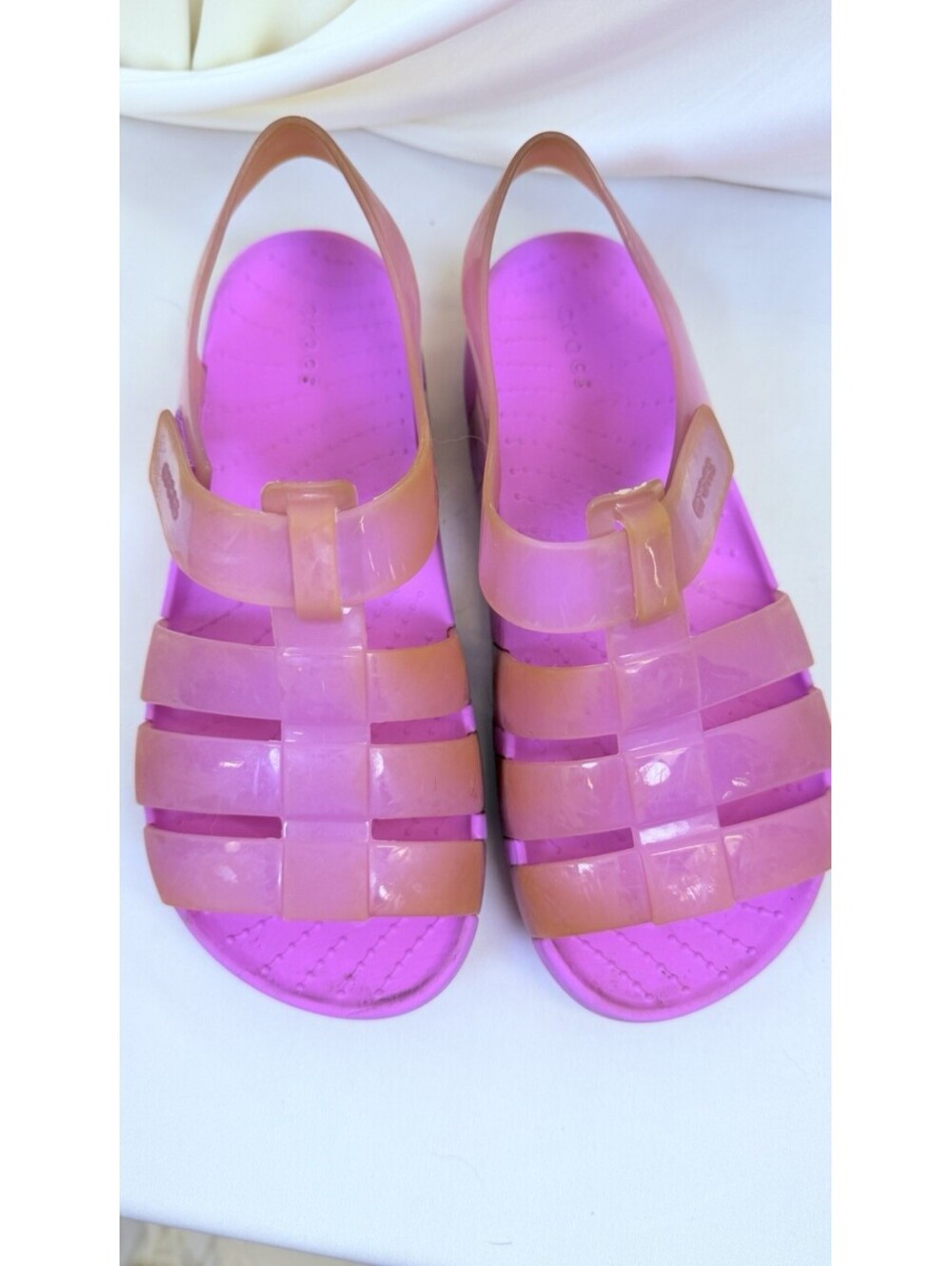 Girls Crocs Sandals Strap Jellies J2 2 Pink Thick Sole Water Outdoor Sz 2 Junior